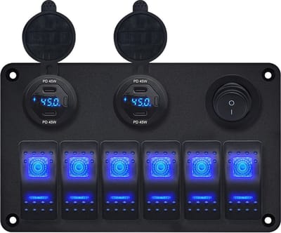 ProRide Schakelpaneel 12V voor Auto/Boot - USB C Lader 4 Poorten met Schakelaar/Wattagemeter - 45W/QC3.0 - 6 Schakelaars