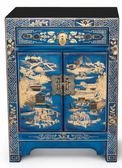 Fine Asianliving Chinese Nachtkastje Blauw Dorp Handgeschilderd B40xD32xH60cm Chinese Meubels Oosterse Kast