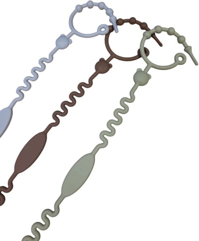 Verstelbare bandjes - Ketting - Koord - Silicone - rekbare veiligheidsriempjes voor speelgoed - Aan de kinderwagen - Kinderstoel - Autostoel - Anti weggooi - Bekercatcher - Baby - 40cm - Beer - Set van drie bandjes - Grijs Bruin en Groen