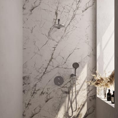 Brauer Brushed Edition thermostatische inbouw regendouche 3-weg rond SET 79 met 20 cm douchekop en rechte muurarm en 3-standen handdouche en doucheslang en wandaansluitbocht RVS geborsteld PVD