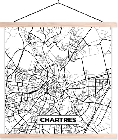 Posterhanger incl. Poster 40x40 cm - Schoolplaat - Stadskaart – Frankrijk – Chartres - Kaart – Plattegrond - Zwart wit - Textielposter - Blanke latten - Stadskaart