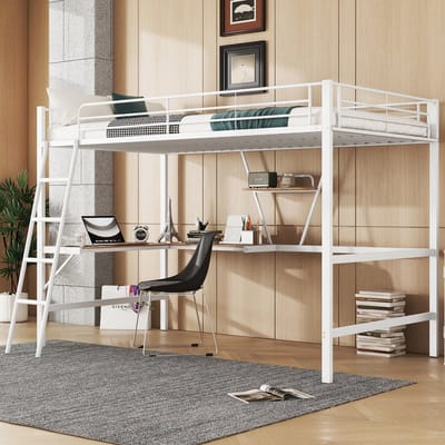 Hoogslaper, 90x200cm basis, metalen bed, ijzeren bed, hoogslaper met L-vormig bureau en plank voor kinderen, zonder matras, wit