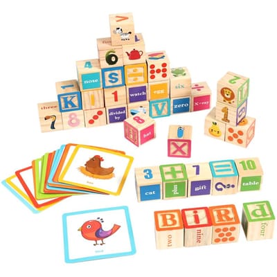 Montessori 36-delige Houten Blokken Set ABC Letters & Cijfers Leerspeelgoed met Kaarten STEM Bouwset voor Peuters Educatief Speelgoed Geometric Shape beige