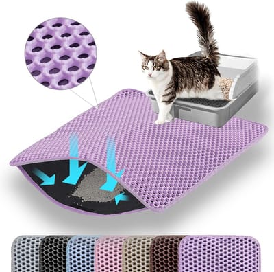 Famanu – Kattenbakmat - 60 x 45 cm grote kattenbakmat - dubbellaags ontwerp van de honingraat-mat - waterdicht en duurzaam - kattenbakonderlegger - paars
