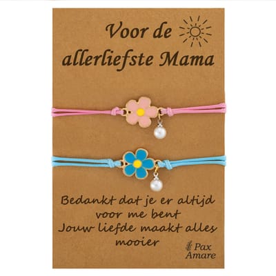 Moeder Kind Armbandjes voor 2 "Voor de Allerliefste Mama" - Bloemetjes - Vriendschapsarmbandjes met Persoonlijk Cadeau Kaartje - Roze & Blauw - Elastisch Verstelbaar - Pax Amare