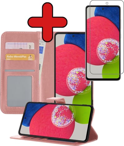 Hoesje - Met Screenprotector - Geschikt voor Samsung Galaxy A52s 5G - Luxe Pasjeshouder - Flipcase - Bookcase Portemonee - Flip Case - Kunstleer Book Case - Book Cover - Walletcase - Portemonneehoes - Telefoonhoes - Rosé goud