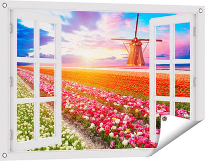 Gards Tuinposter Doorkijk Kleurrijke Bloemenveld met een Windmolen - 90x60 cm - Tuindoek - Tuindecoratie - Wanddecoratie buiten - Tuinschilderij