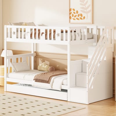 Wishdor Kinder Stapelbed 90x200 cm - Uitschuifbed - Opbergladder - Ster en Maan Motief - Hout - Wit