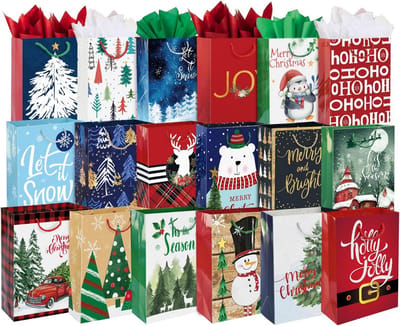 Grote Kerstcadeauzakken Set met 24 Diverse Designs, Inclusief Tissuepapier en Cadeaulabels