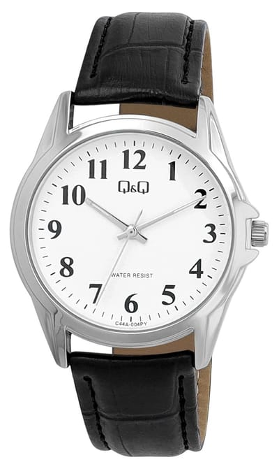 Q&Q C44A-004PY - Horloge - Polshorloge - Analoog - Heren - Mannen - Leren band - Rond - Metaal - Cijfers - Zwart - Zilverkleurig - Wit