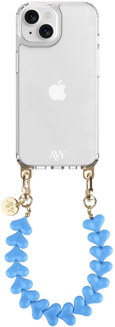 AVY Case geschikt voor Apple iPhone 13 / 14 | Transparant Hoesje Met Telefoonkoord 30CM | Polsband Cupid Blue