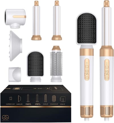 Haarstyler Set - Heteluchtborstel Krultang - Haar Stijlen - 7 Styling Opzetstukken - 38.5 cm - Wit Goud