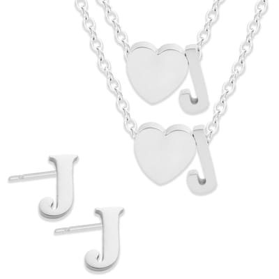 Initiaal Ketting & Armband & Oorbellen set met Letter J Zilverkleurig - Stainless Steel - Met letter & Hartje! - 3x Sieraden Cadeau - Pax Amare