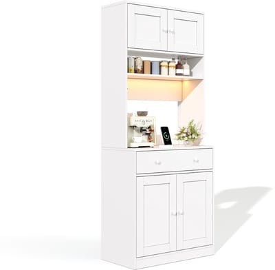 Hoge keukenkast 180 cm - Koffiebar meubel met LED verlichting - Geïntegreerd stopcontact en lade - Voor keuken en eetkamer - 72x40x180 cm Wit