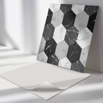 Wallfluent Vinyl Tegels - Zeshoekig Tegelpatroon Zelfklevende PVC Tegels - 30 cm x 30 cm - Zwart Vinyl Tegels - 9 stuks - Vierkant PVC Tegels - Texturen Plaktegels - Vinyl Vloer Tegels - Plaktegels Keuken en Badkamer