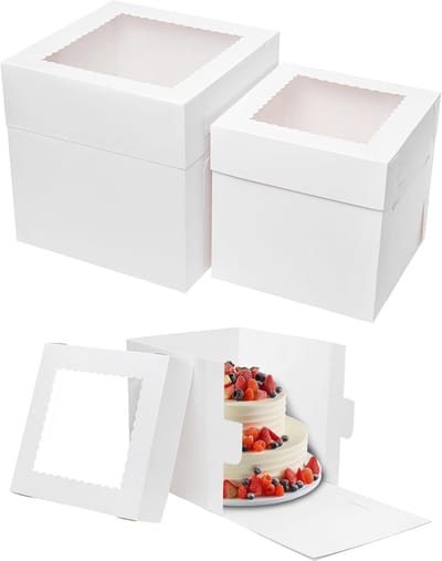 16 Witte Hoge Taartdozen Vierkant - 30x30x30 cm - Taartverpakking met Venster voor Feest en Bruiloft