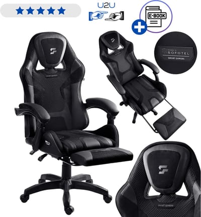 Sofotel Specter Gaming Stoel - Ergonomische Gamestoel - Gaming Stoel - Gaming Chair met Voetensteun en Verstelbare Rugleuning tot 140° - Draaibare Gamestoel met Wielen en Hoofdsteun - Belastbaar tot 120 kg Met Ebook