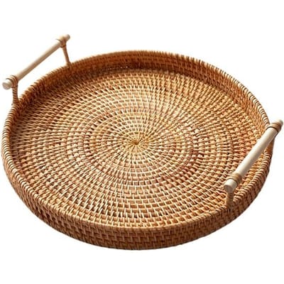 Creatief Japans Natuurlijk Rotan Dessertbord, Houten Rond Fruitbord, Outdoor Camping Accessoires, Huis Keuken Accessoires beige