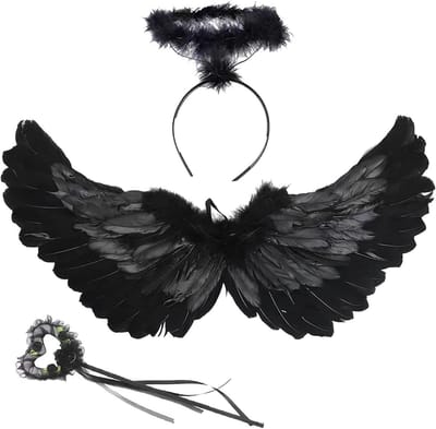 Zwarte Engel Vleugels van 60 cm voor Vrouwen, Perfect voor Kostuums, Feestdecoratie en Verkleedpartijen, Inclusief Halo en Toverstaf