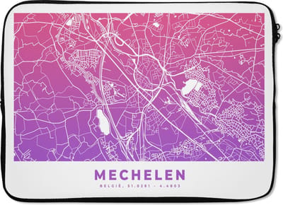Laptophoes 13 inch - Stadskaart - Mechelen - België - Paars - Laptop sleeve - Binnenmaat 32x22,5 cm - Zwarte achterkant