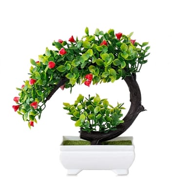Rode kunstplant bonsai potboom kunstplanten realistische kunstmatige boom met bloemen in witte pot tafel decoratie voor woonkamer slaapkamer kantoor en bureau