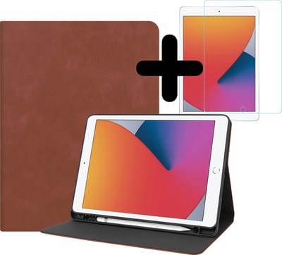 Hoesje - Geschikt voor Apple iPad 9 (2021) - 10.2 inch - 9e Generatie - Met Screenprotector - Luxe Bookcase Hoes - Hard Cover Case - Met Uitsparing Geschikt voor Apple Pencil - Hardcover Book - Tablethoes - Bruin
