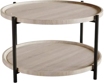Ronde Salontafel 2-Laags - Voor Woonkamer & Slaapkamer - Landelijke Bijzettafel voor Kleine Ruimtes - Houten Blad met Metalen Frame - Nature