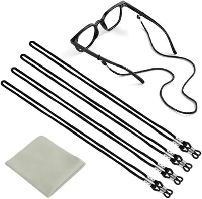 Dailygoods - Pack van 4 Unisex Brilkettingen met Microvezeldoek - Zwart Brillenkoord