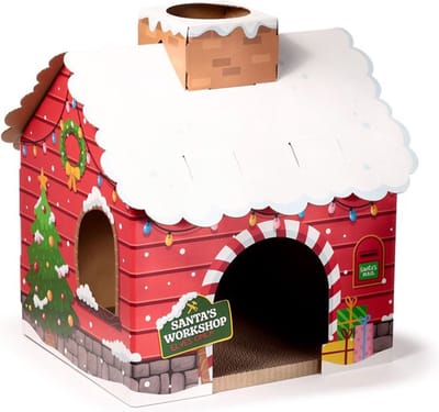 Katten Speelhuisje Poes Kerst - Kerstman Werkplaats Santas Workshop - DIY - Karton - 33x55x33cm