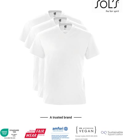 3 Pack SOLS V-hals, Heren T-Shirt 100% katoen V-hals, wit, Maat M