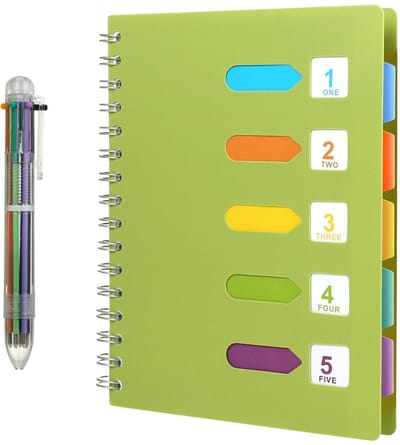 Notitieboek met register, A5, met ringband, gelijnd dagboek, notitieblok, spiraalblok met balpen in 6 kleuren (240 pagina's, groen)