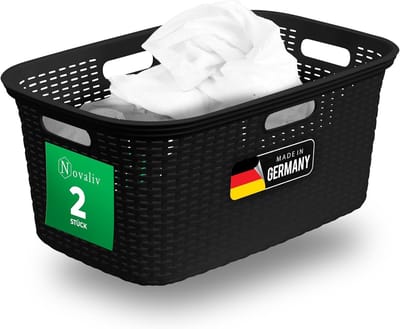 Novaliv 2-delige rotan wasmand met 4 handgrepen 40L zwart, wasboxset wasemmer wascontainer voor badkamerwas vuile was, wasmanden huishoudelijke accessoires wasmandverzamelaar