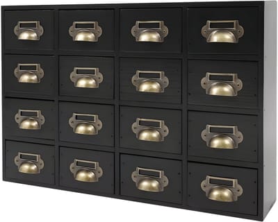 Houten opbergdoos – Voor archief en aanrecht – 16 laden, meerdere niveaus – Zwart (50×10×35 cm)
