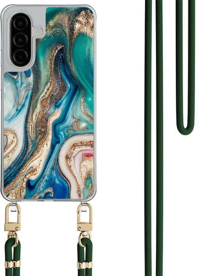Hoesje met koord geschikt voor Samsung Galaxy A26 - Magic marble - Inclusief Groen koord - Crossbody beschermhoes - Transparant, Multi - Mooie Telefoonhoesjes