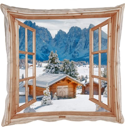 Sierkussens - Kussentjes Woonkamer - 50x50 cm - Doorkijk - Winterlandschap - Huisje - Bergen - Uitzicht