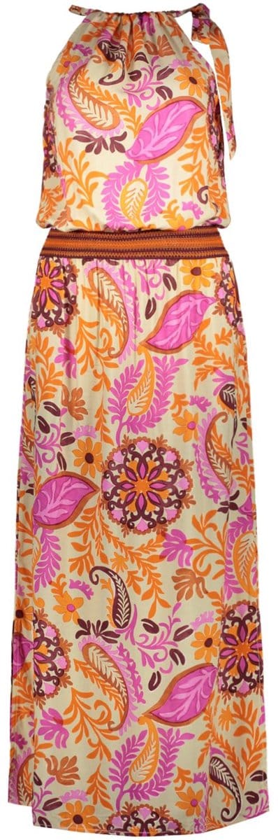 Geisha oranje dames jurk   High neck halslijn   Regular fit   Bloemen patroon   Strikkoordsluiting   Mouwloos Oranje L