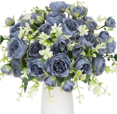 PromoHome 4 Bosjes Kunstpioenen Grijs Blauwe Zijden Bloemen Boeket - Kunstbloemen Decoratie voor Bruiloft, Feest, Tafel Centerpieces, Huis en Keuken