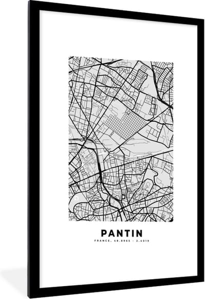 Fotolijst incl. Poster - Kaart - Stadskaart - Frankrijk - Pantin - Plattegrond - 60x90 cm - Posterlijst