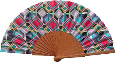 Elegante Spaanse handgemaakte waaier van hout en katoen met etui en jute tas - Geometrisch design