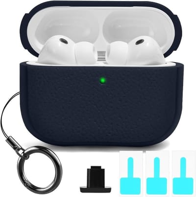 Schokbestendige TPU Hoes met Leren Look en Sleutelhanger voor Airpods Pro 3 (2025), Draadloos Opladen, LED Indicator, Navy Blauw