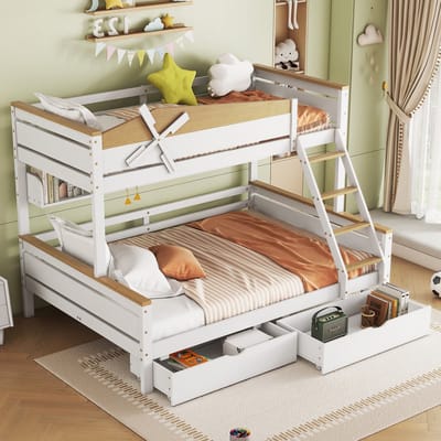 Sweiko Stapelbed met Windmolen, met Planken, Kinderbed, met Kleurcontrasterende Valbeveiliging Grille, met Viertraps schuine glijbaan en lades, Dennen en MDF, Wit en Nature, 90x200cm&140x200cm