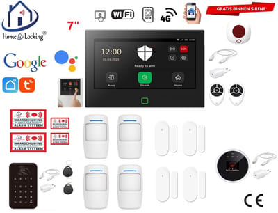 Draadloos / bedraad alarmsysteem met 7-inch touchscreen voor woning/camper/boot/caravan werkt met wifi en sim kaart en met spraakgestuurde apps. (Nederlands of Frans stem en tekst). ST01B-20