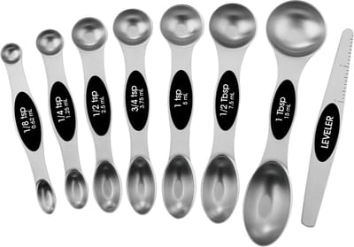 Ulisem - Maatschepjes - Roestvrij staal - Met sterke N45 magneet - 8-delige set - Met strijkstok - Magnetisch en stapelbaar - Voor kruiden en bakken - Keukenaccessoire - Herbruikbaar - Vaatwasserbestendig - Eenvoudig schoon te maken - Zwart