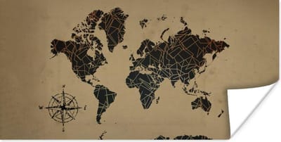 Wereldkaarten - Wereldkaart - Vormen - Windroos - 160x80 cm