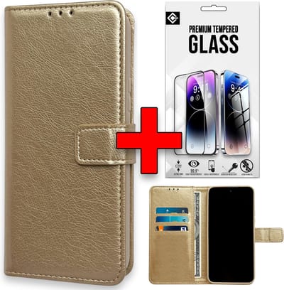 Casemania Hoesje Geschikt voor Samsung Galaxy A06 - Goud - Portemonnee Book Case & Glazen Screenprotector - Kaarthouder & Magneetlipje