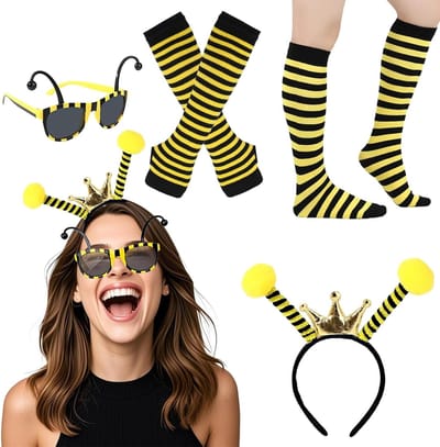 Complete Bijen Kostuum Set voor Volwassenen met Antenne Hoofdband, Zonnebril, Gestreepte Kniekousen en Lange Handschoenen voor Halloween en Cosplay Feestjes