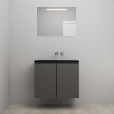 On-Line Badkamermeubelset - 80 cm - Bouwpakket - Greeploze Ladestructuur - Acryl Wastafel - zonder Kraangat - Spiegel met LED-Verlichting - Mat Antraciet