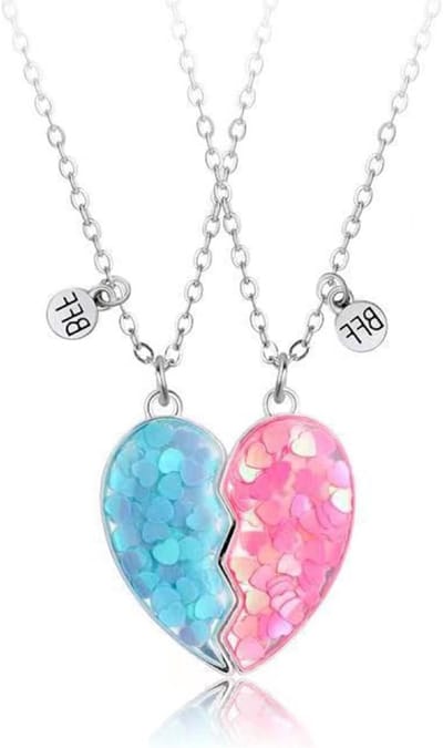 Vriendschapsset met paarse hart-halsketting voor 2 meisjes, perfect verjaardagscadeau voor beste vrienden, blauw en roze ontwerp