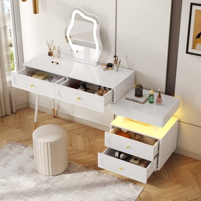 MODENUIT Kaptafel - Spiegel Met LED-Verlichting En 4 Lades - Voor Slaapkamer - Wit Spaanplaat - 140x40x130 Cm