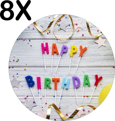 Luxe Ronde Placemat - Happy Birthday met Slingers en Balonnen - Set van 8 Placemats - 50x50 cm - 2 mm dik Vinyl - Anti Slip - Afneembaar